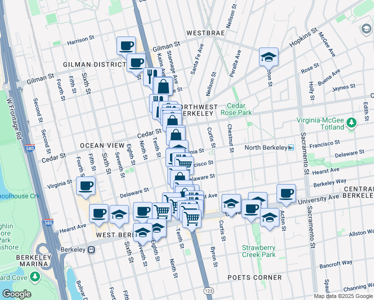 map of restaurants, bars, coffee shops, grocery stores, and more near 1145 Virginia Street in Berkeley