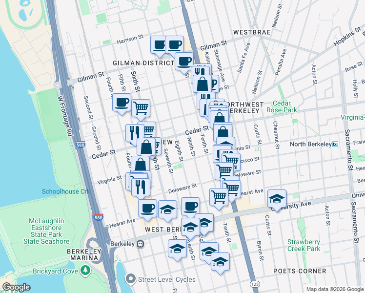 map of restaurants, bars, coffee shops, grocery stores, and more near 1636 Ninth Street in Berkeley