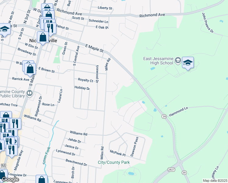map of restaurants, bars, coffee shops, grocery stores, and more near 101-103 Josephine Court in Nicholasville