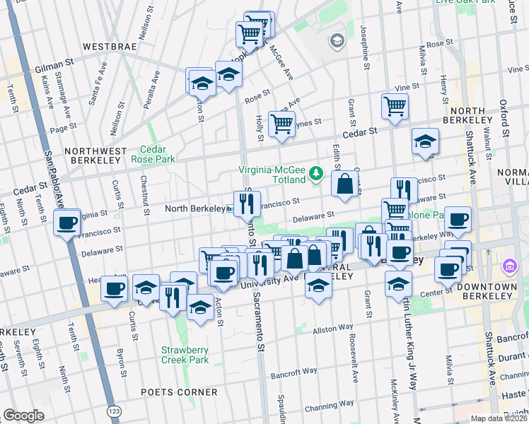 map of restaurants, bars, coffee shops, grocery stores, and more near 1522 Francisco Street in Berkeley
