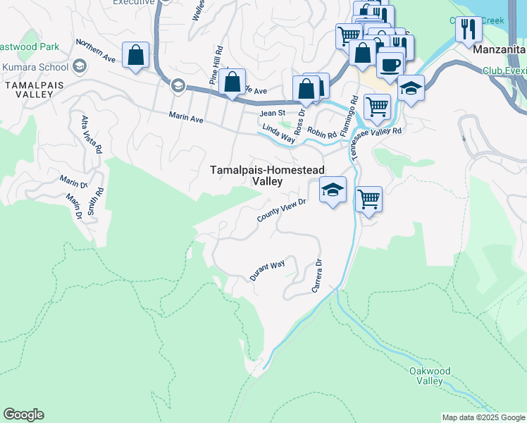 map of restaurants, bars, coffee shops, grocery stores, and more near 322 Deertrail Lane in Mill Valley