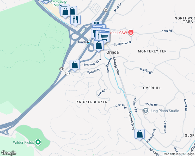 map of restaurants, bars, coffee shops, grocery stores, and more near 72 Longridge Road in Orinda