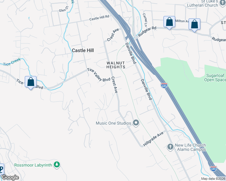 map of restaurants, bars, coffee shops, grocery stores, and more near 2 Castle Crest Road in Alamo