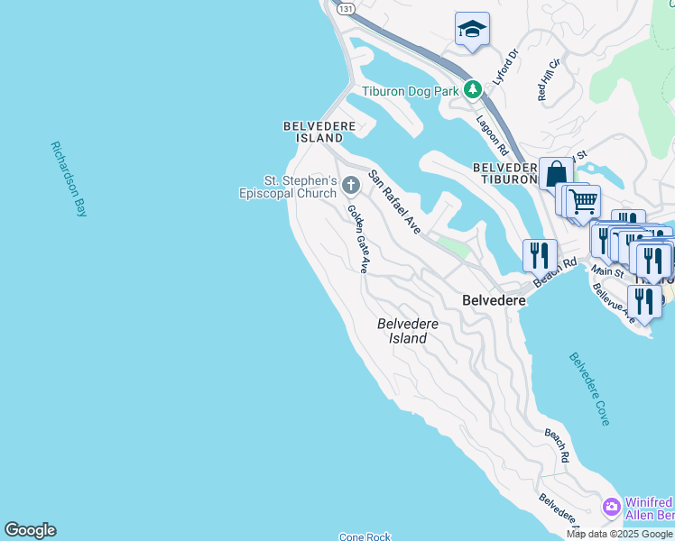 map of restaurants, bars, coffee shops, grocery stores, and more near 4 Pelican Point Road in Belvedere