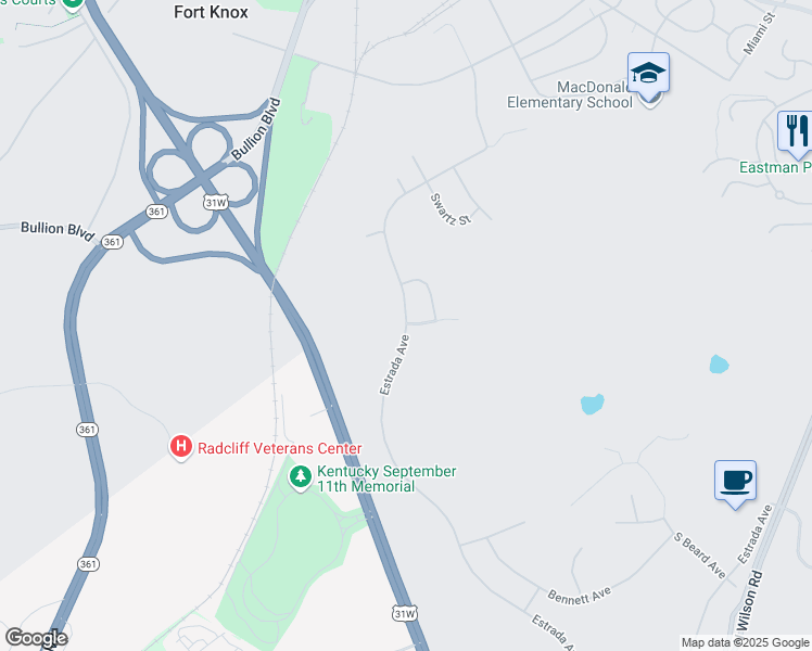 map of restaurants, bars, coffee shops, grocery stores, and more near 8130 Estrada Avenue in Fort Knox