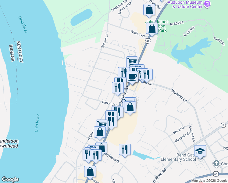 map of restaurants, bars, coffee shops, grocery stores, and more near 2509 North Elm Street in Henderson