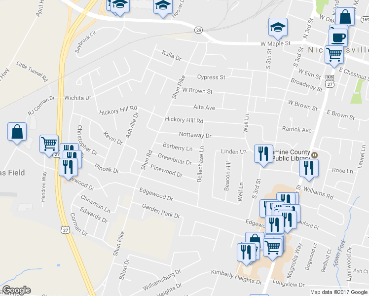 map of restaurants, bars, coffee shops, grocery stores, and more near 506 Barberry Lane in Nicholasville