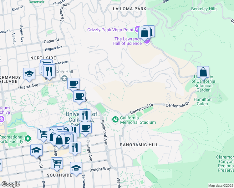 map of restaurants, bars, coffee shops, grocery stores, and more near 101 Sproul Hall in Berkeley
