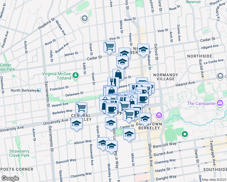 map of restaurants, bars, coffee shops, grocery stores, and more near 1912 Hearst Avenue in Berkeley