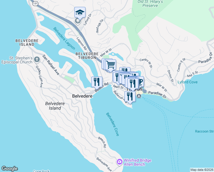 map of restaurants, bars, coffee shops, grocery stores, and more near 1 Bellevue Avenue in Belvedere