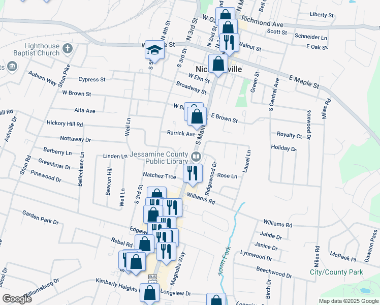 map of restaurants, bars, coffee shops, grocery stores, and more near 103 Hickory Hill Drive in Nicholasville