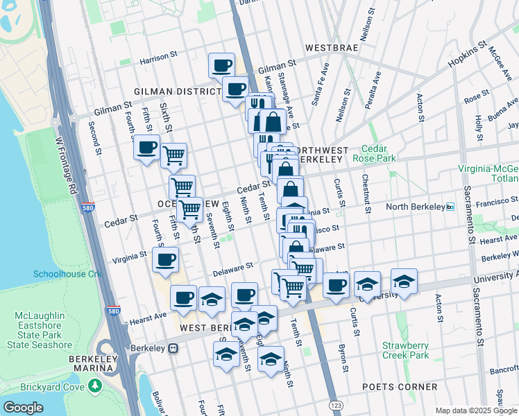 map of restaurants, bars, coffee shops, grocery stores, and more near 1646 Tenth Street in Berkeley