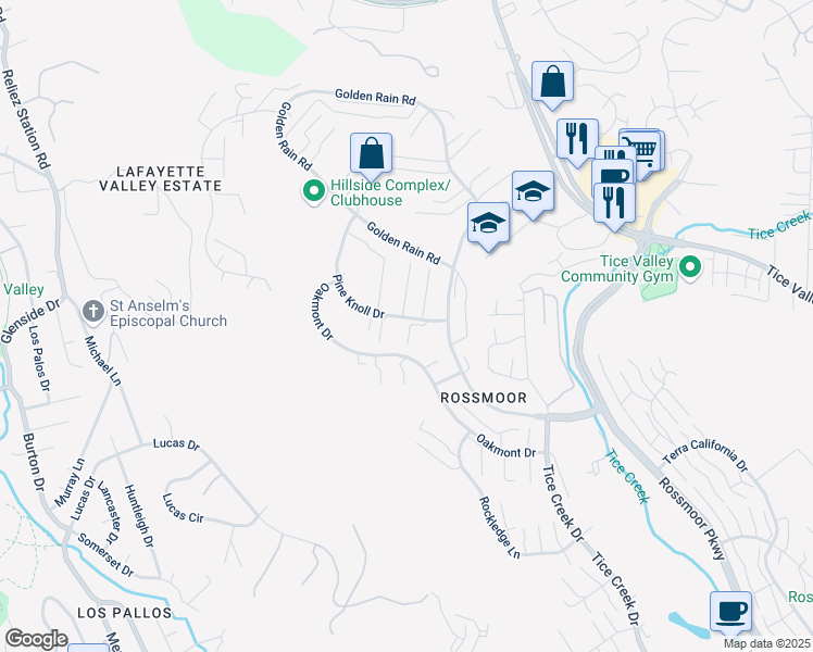map of restaurants, bars, coffee shops, grocery stores, and more near 2200 Pine Knoll Drive in Walnut Creek