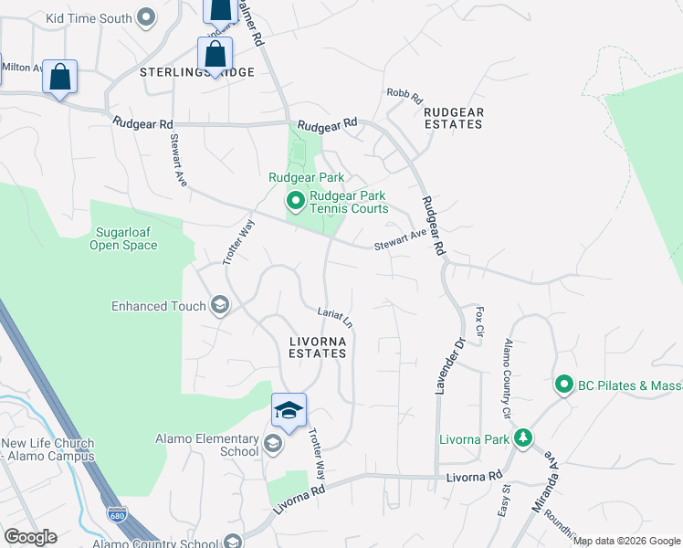 map of restaurants, bars, coffee shops, grocery stores, and more near 52 Lariat Court in Walnut Creek