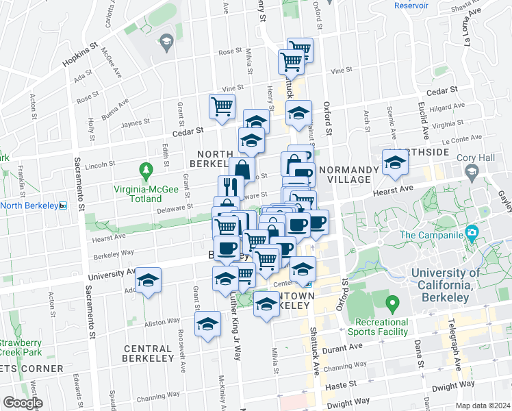 map of restaurants, bars, coffee shops, grocery stores, and more near 1822 Milvia Street in Berkeley