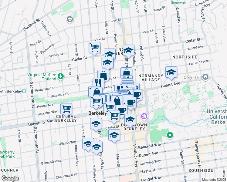 map of restaurants, bars, coffee shops, grocery stores, and more near 1904 Milvia Street in Berkeley