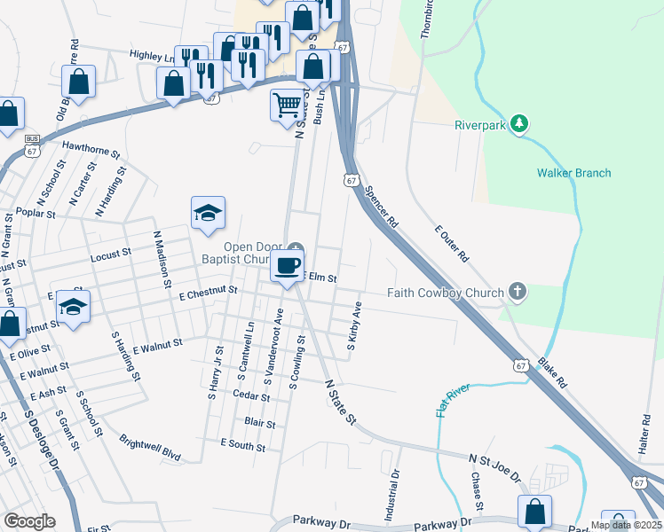 map of restaurants, bars, coffee shops, grocery stores, and more near 201 North Washington Street in Desloge