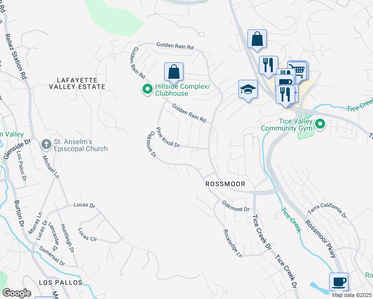 map of restaurants, bars, coffee shops, grocery stores, and more near 2300 Pine Knoll Drive in Walnut Creek
