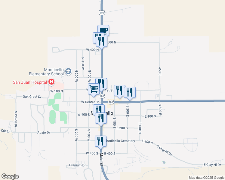 map of restaurants, bars, coffee shops, grocery stores, and more near 64 North 100 East in Monticello