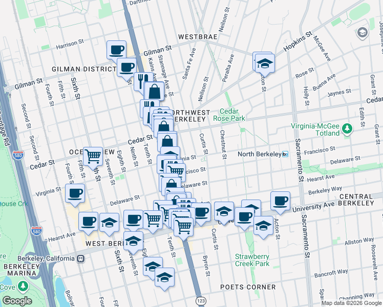 map of restaurants, bars, coffee shops, grocery stores, and more near 1145 Virginia Street in Berkeley