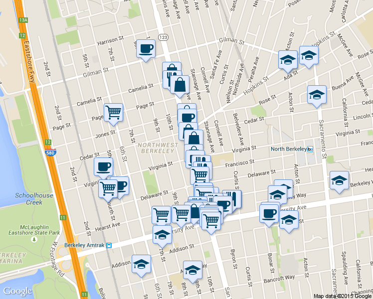 map of restaurants, bars, coffee shops, grocery stores, and more near 1659 San Pablo Avenue in Berkeley