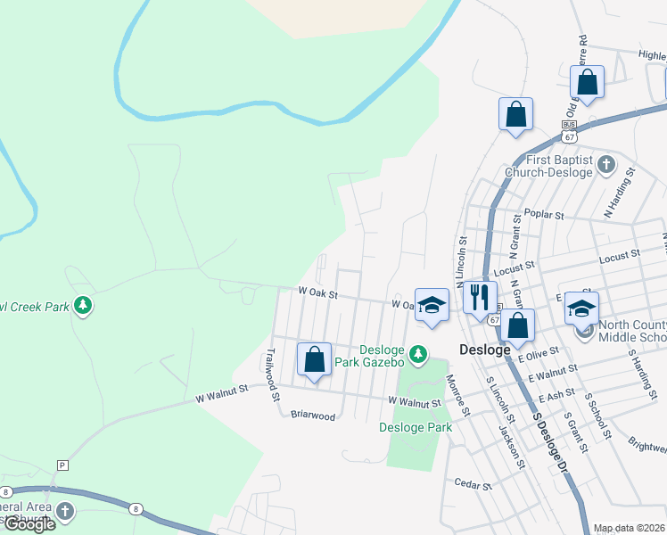 map of restaurants, bars, coffee shops, grocery stores, and more near 201 North Ravencrest Street in Desloge