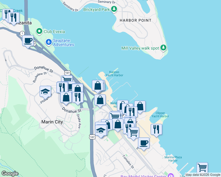 map of restaurants, bars, coffee shops, grocery stores, and more near 12 Kappas Marina West Pier in Sausalito