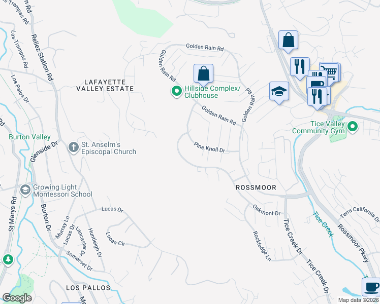 map of restaurants, bars, coffee shops, grocery stores, and more near 1708 Oakmont Drive in Walnut Creek