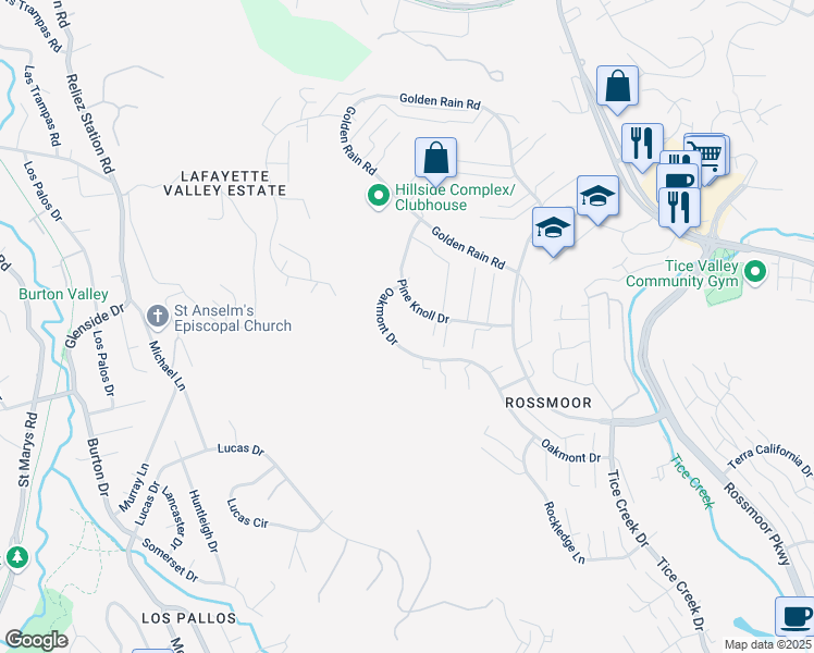 map of restaurants, bars, coffee shops, grocery stores, and more near in Walnut Creek