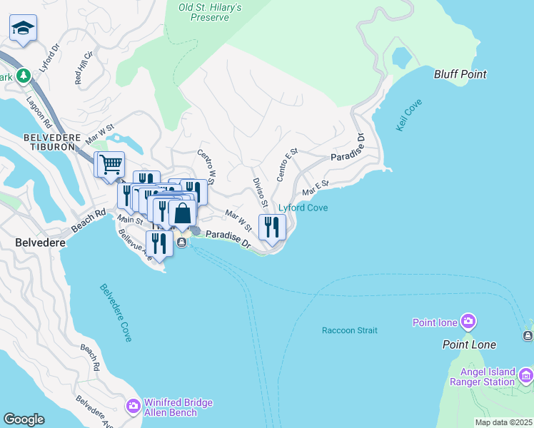 map of restaurants, bars, coffee shops, grocery stores, and more near 1966 Centro West Street in Belvedere Tiburon