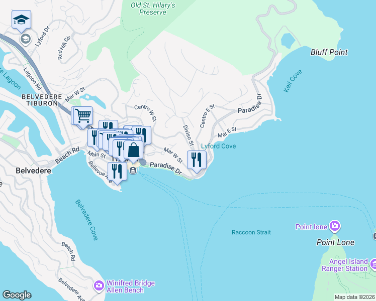 map of restaurants, bars, coffee shops, grocery stores, and more near 1956 Centro West Street in Belvedere Tiburon