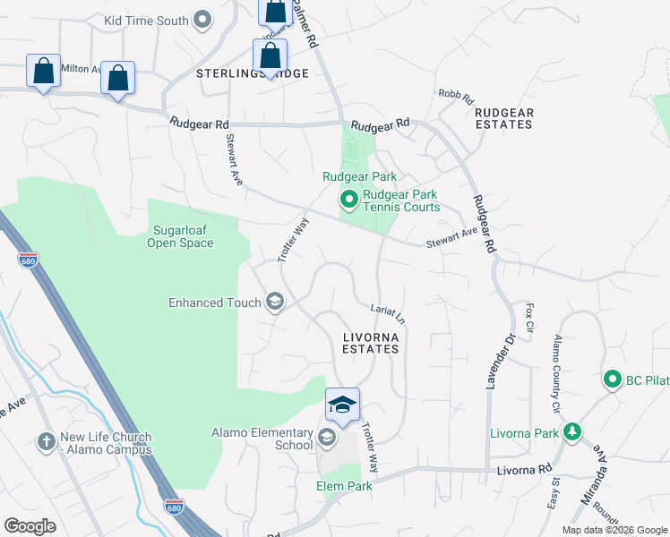map of restaurants, bars, coffee shops, grocery stores, and more near 2357 Lariat Lane in Walnut Creek