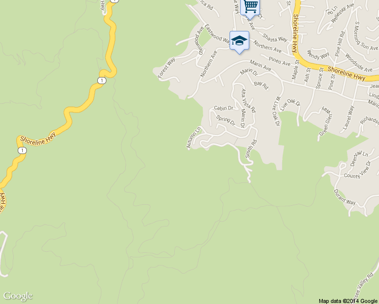 map of restaurants, bars, coffee shops, grocery stores, and more near 842 Autumn Lane in Mill Valley