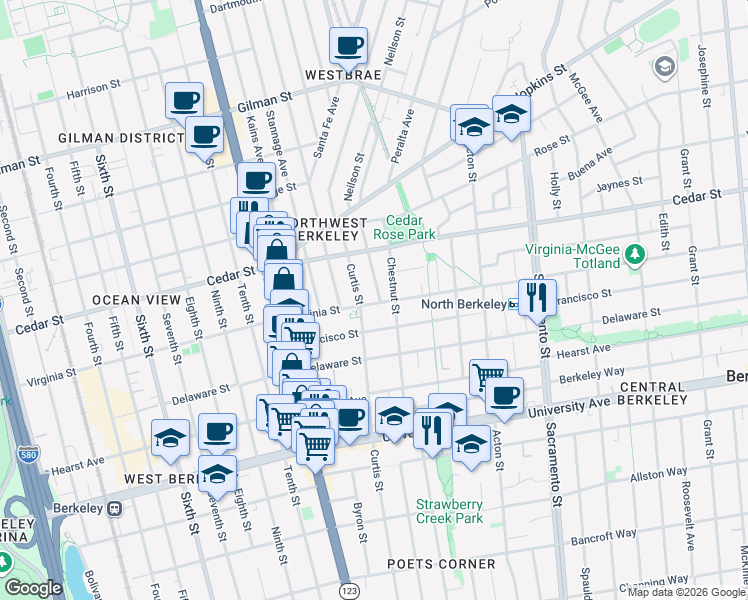 map of restaurants, bars, coffee shops, grocery stores, and more near 1217 Virginia Street in Berkeley