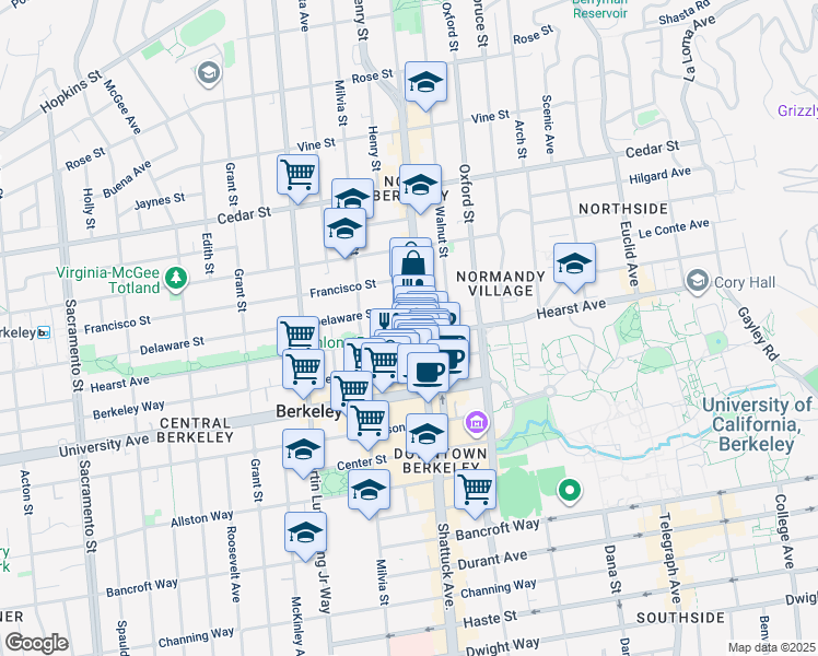 map of restaurants, bars, coffee shops, grocery stores, and more near 1918 Henry Street in Berkeley