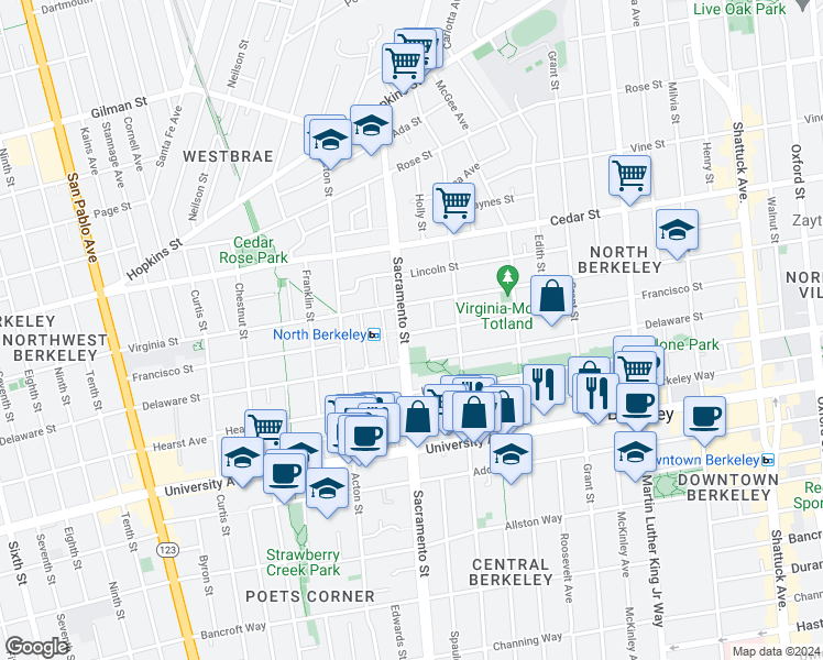map of restaurants, bars, coffee shops, grocery stores, and more near 1523 Delaware Street in Berkeley
