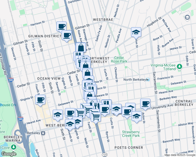 map of restaurants, bars, coffee shops, grocery stores, and more near 1145 Virginia Street in Berkeley