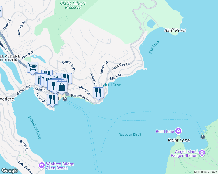 map of restaurants, bars, coffee shops, grocery stores, and more near 1 Tower Point Lane in Tiburon