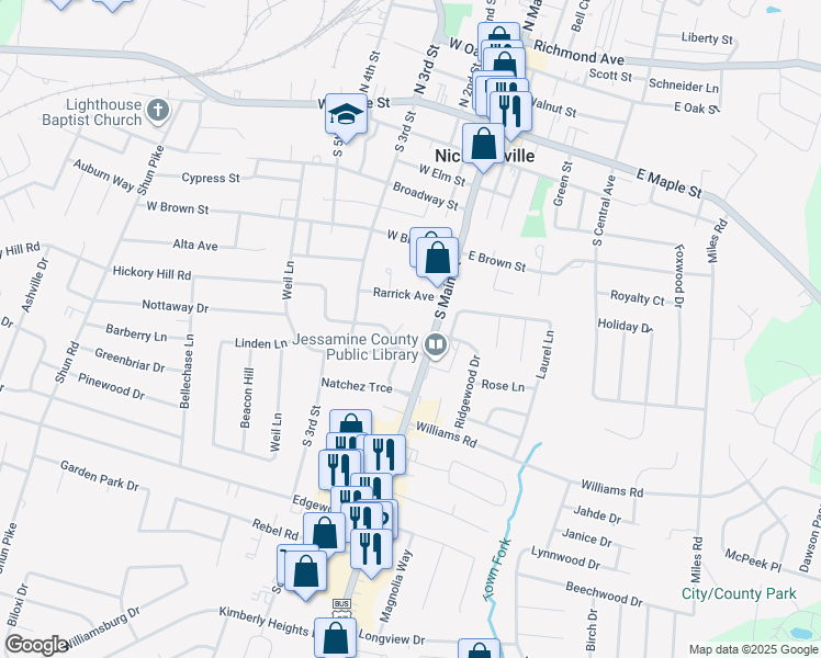 map of restaurants, bars, coffee shops, grocery stores, and more near 103 Hickory Hill Drive in Nicholasville