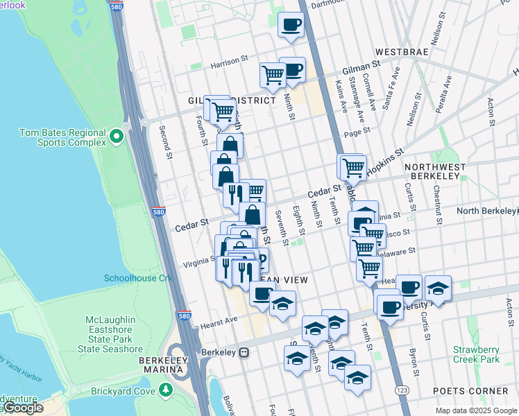 map of restaurants, bars, coffee shops, grocery stores, and more near Cedar Street & 6th Street in Berkeley