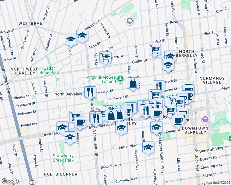 map of restaurants, bars, coffee shops, grocery stores, and more near 1626 Francisco Street in Berkeley