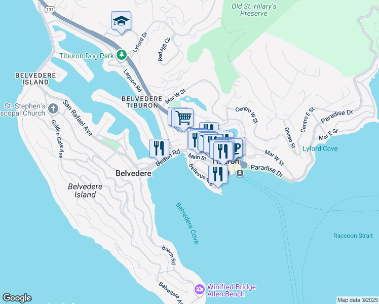 map of restaurants, bars, coffee shops, grocery stores, and more near 14 Beach Road in Marin County