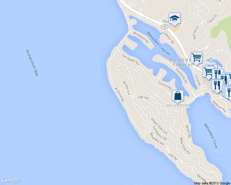 map of restaurants, bars, coffee shops, grocery stores, and more near 47 West Shore Road in Belvedere Tiburon