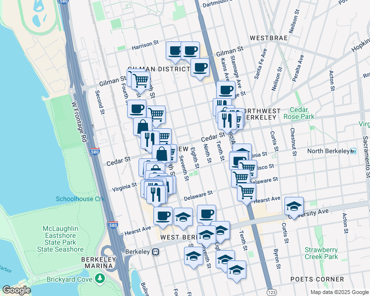 map of restaurants, bars, coffee shops, grocery stores, and more near 910 Cedar Street in Berkeley