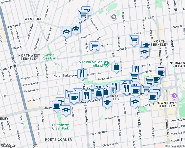 map of restaurants, bars, coffee shops, grocery stores, and more near 1601 Delaware Street in Berkeley
