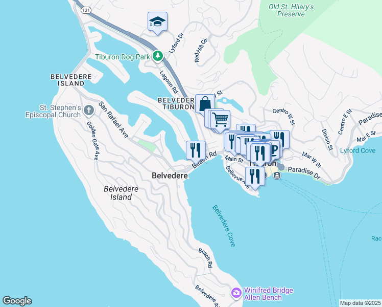 map of restaurants, bars, coffee shops, grocery stores, and more near 3B Peninsula Road in Belvedere