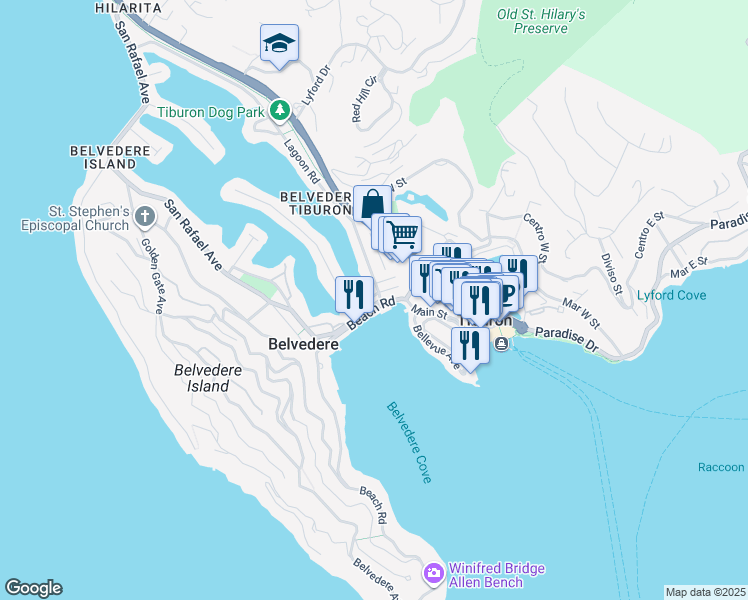 map of restaurants, bars, coffee shops, grocery stores, and more near 38 Beach Road in Belvedere