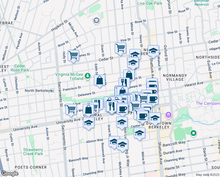 map of restaurants, bars, coffee shops, grocery stores, and more near in Berkeley