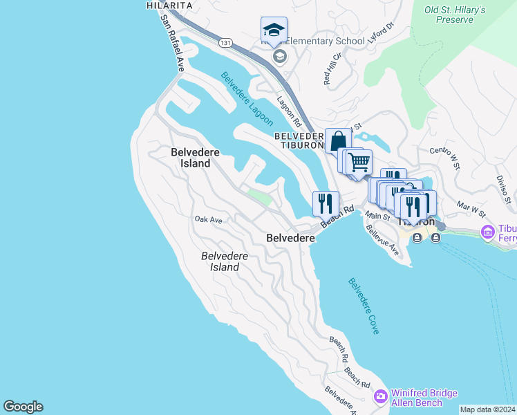map of restaurants, bars, coffee shops, grocery stores, and more near 16 Laurel Avenue in Belvedere