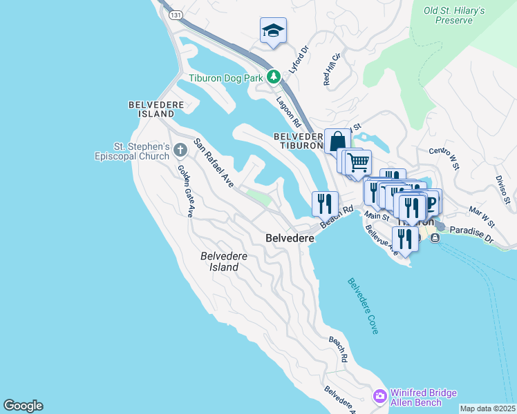 map of restaurants, bars, coffee shops, grocery stores, and more near 495 San Rafael Avenue in Belvedere